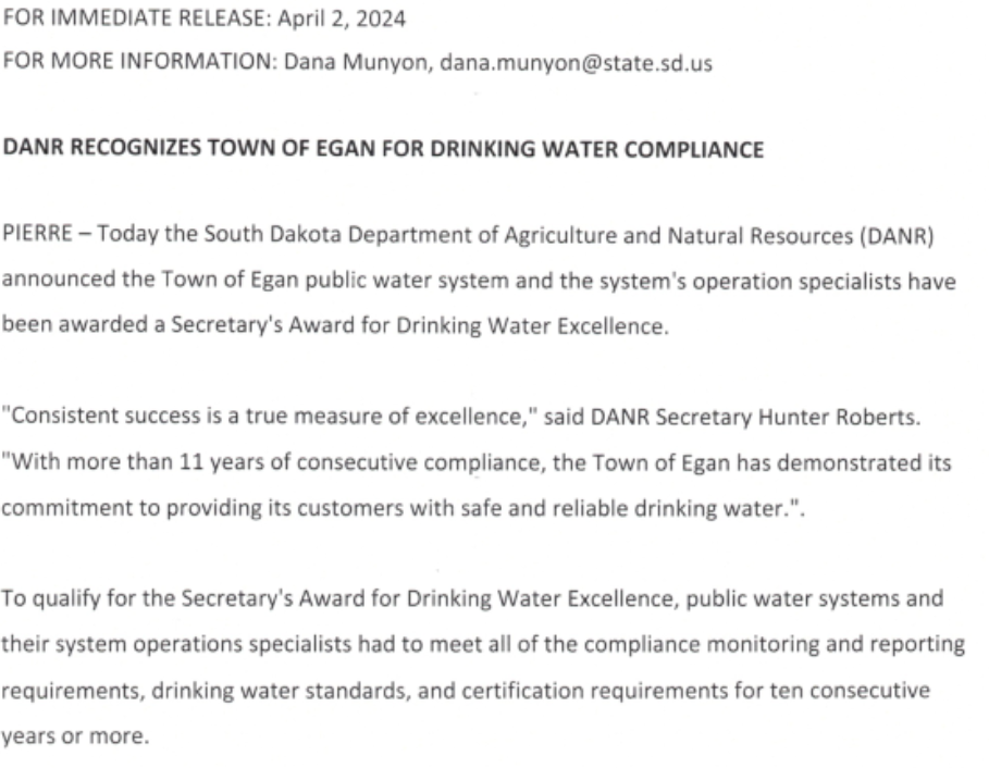 Drinking Water News Release
